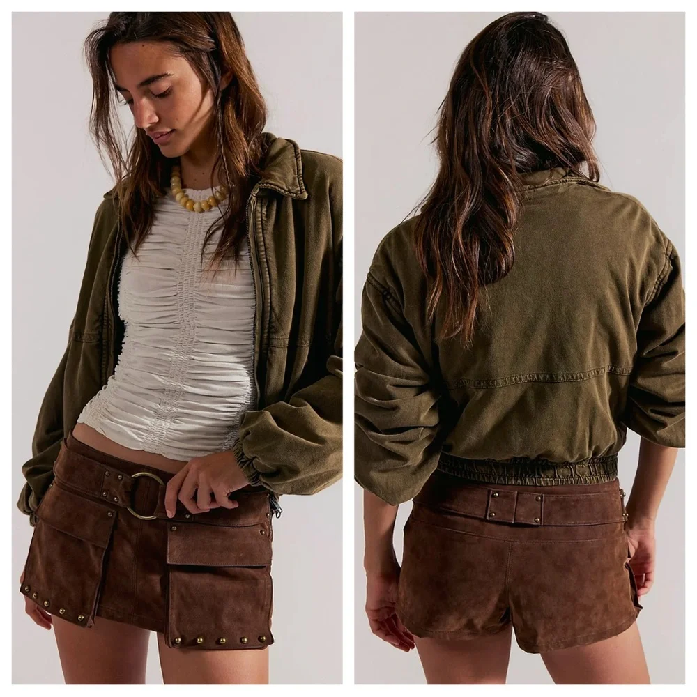 Olive Cropped Utility Jacket with Brown Suede Shorts Set